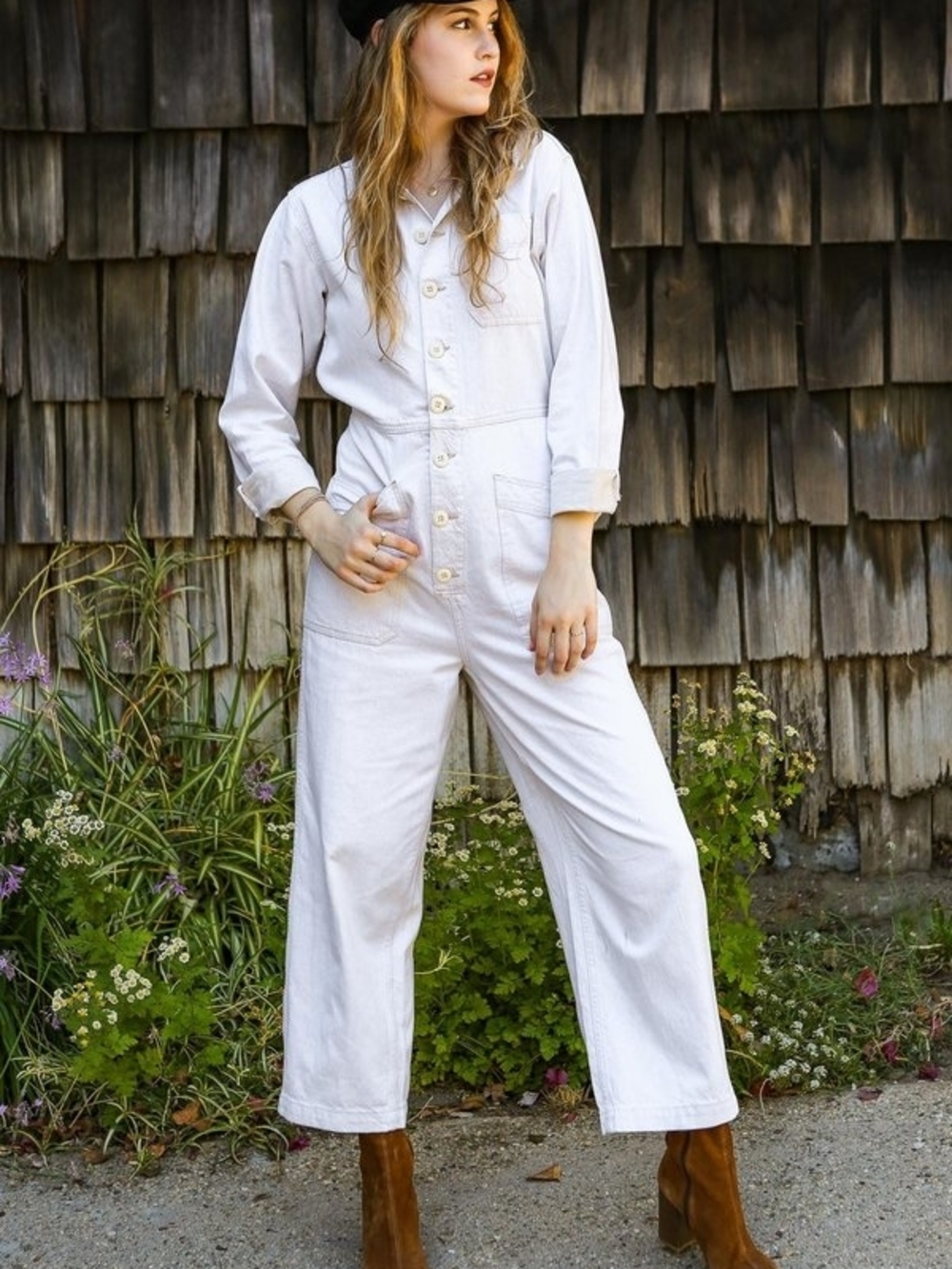 Free People Gia Coverall Cream Colored  Button-Front Linen/Cotton Jumpsuit